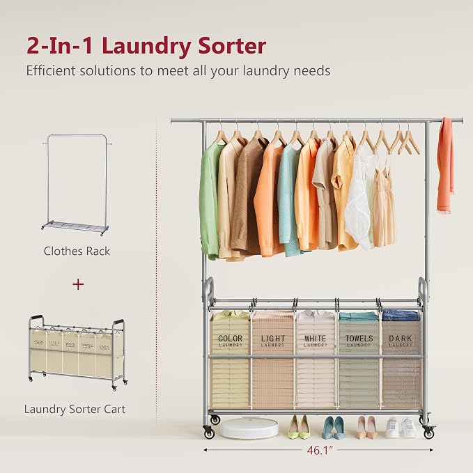 Tajsoon Laundry Sorter with Hanging Bar, 5 Bag Laundry Sorter with Wheels - Image 3