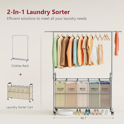 Tajsoon Laundry Sorter with Hanging Bar, 5 Bag Laundry Sorter with Wheels - Image 3