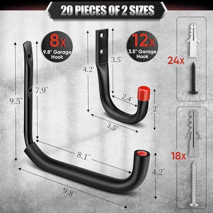 Nacial 20 Pack Garage Hooks Heavy Duty, 9.8" & 3.5" Garage Wall Hook - Image 2