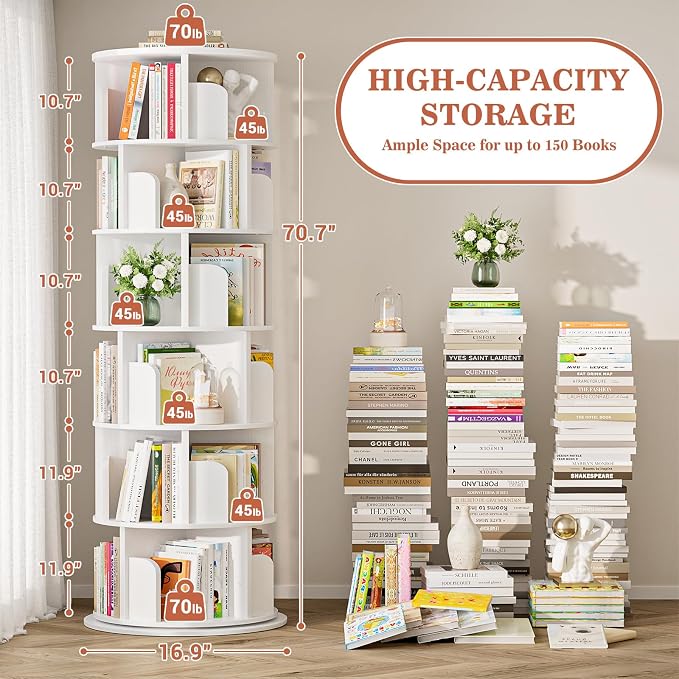 Aheaplus 6 Tier Rotating Bookshelf, Wood Spinning Bookshelf Tower, Round - Image 2