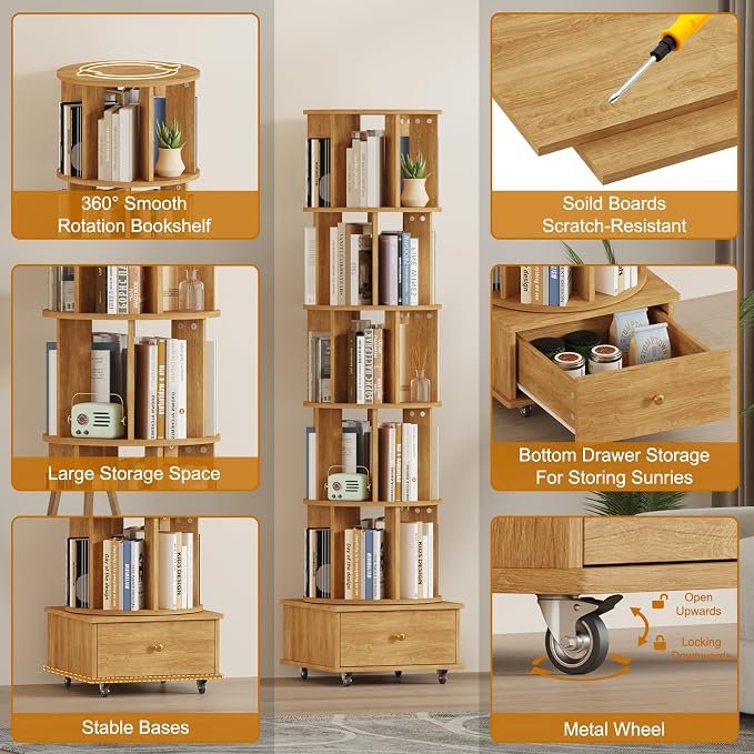 Rotating Bookshelf with Drawers on Lockable Wheels Wood Oak | 6 Tier Spinning - Image 7