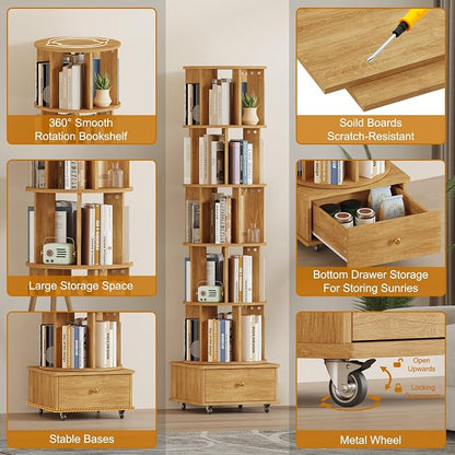 Rotating Bookshelf with Drawers on Lockable Wheels Wood Oak | 6 Tier Spinning - Image 7