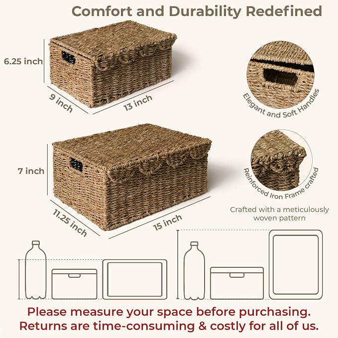 KOKODO Set of 2 Scalloped Wicker Baskets – Handwoven Rectangular Seagrass - Image 2