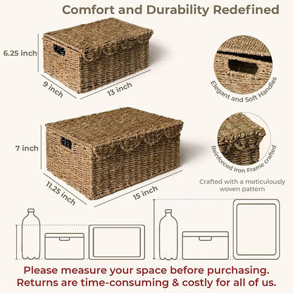 KOKODO Set of 2 Scalloped Wicker Baskets – Handwoven Rectangular Seagrass - Image 2