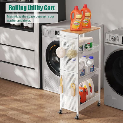 4-Tier Slim Storage Cart with Wheels, Small Mobile Organizer Shelf with Wooden - Image 4