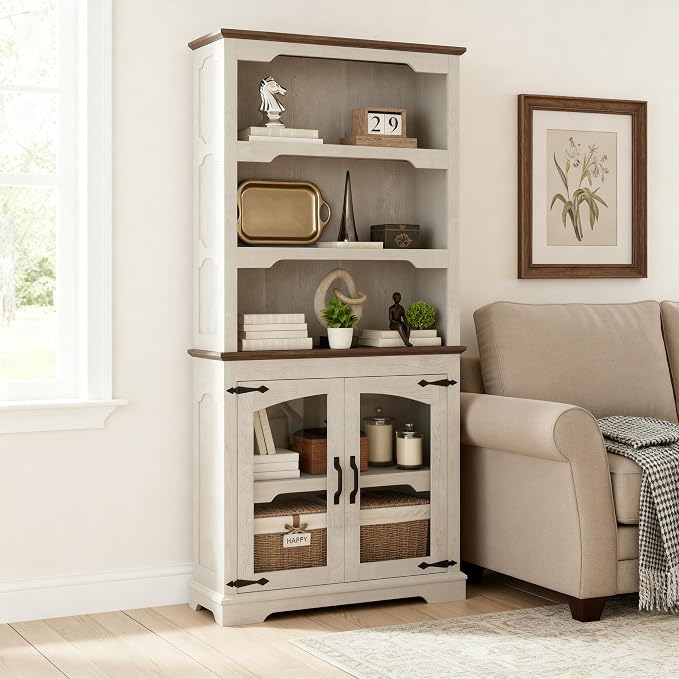 70 Inch Farmhouse Bookcase, Distressed White and Walnut Two-Tone Shelves - Image 5