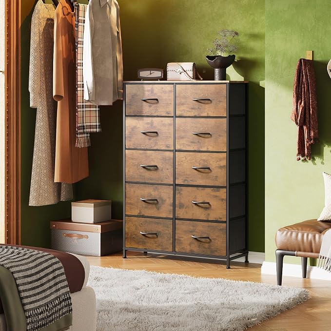 WLIVE Tall Dresser for Bedroom, Rustic Brown Wood Grain Print | 10 Drawers - Image 2