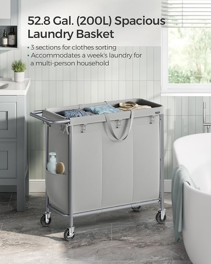 SONGMICS Laundry Basket with Wheels, 3-Section Rolling Laundry Hamper, 52.8 - Image 3