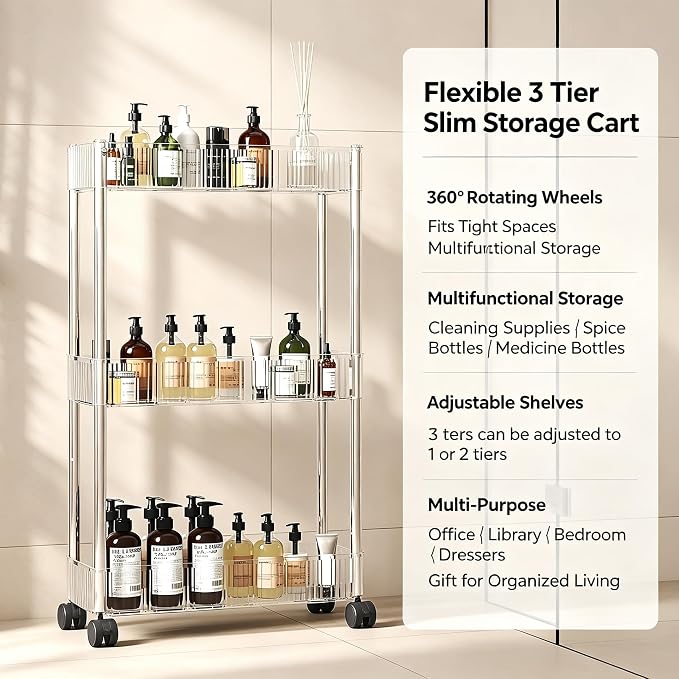 Sooyee Slim Clear 3-Tier Plastic Rolling Utility Cart - Image 2