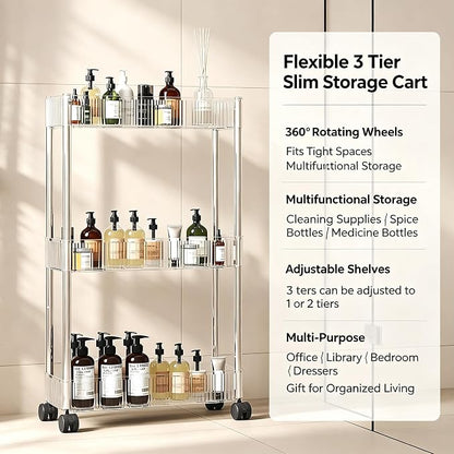Sooyee Slim Clear 3-Tier Plastic Rolling Utility Cart - Image 2