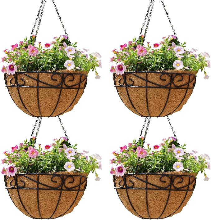 4 Pack 14 Inch Hanging Baskets for Plants Outdoor Metal Hanging Planter Hanging by Qusuxi
