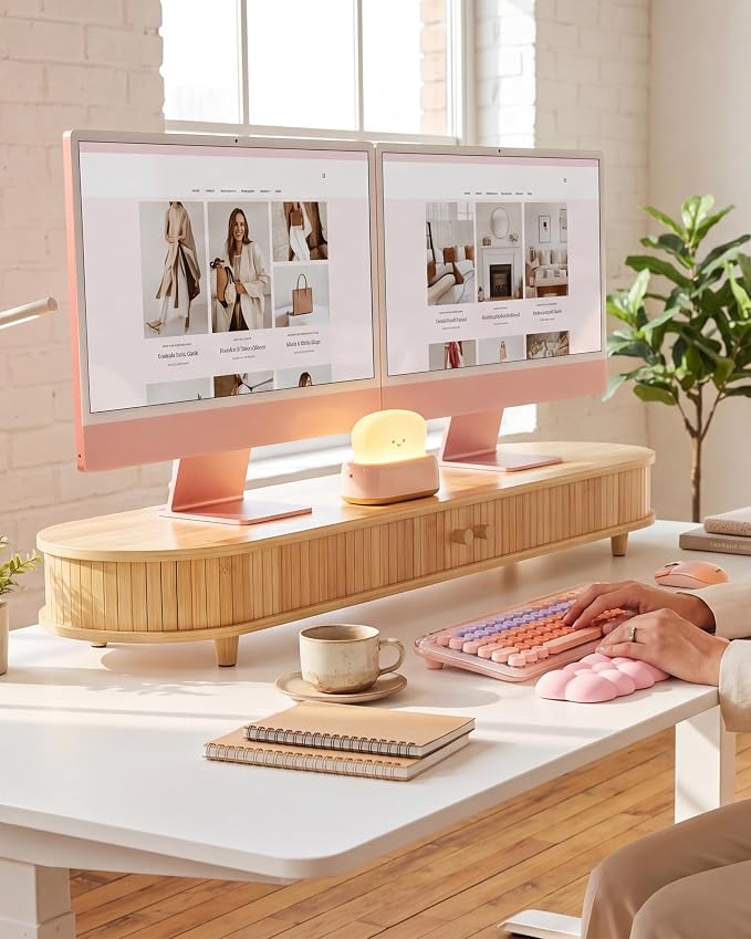 Bamboo Dual Monitor Stand with Storage, Curved Double Computer Laptop Stand by WELLWENG