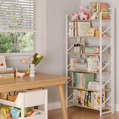 JSB No Assembly Folding Bookshelf, 6 Tier Industrial Metal Book Shelf - Image 2