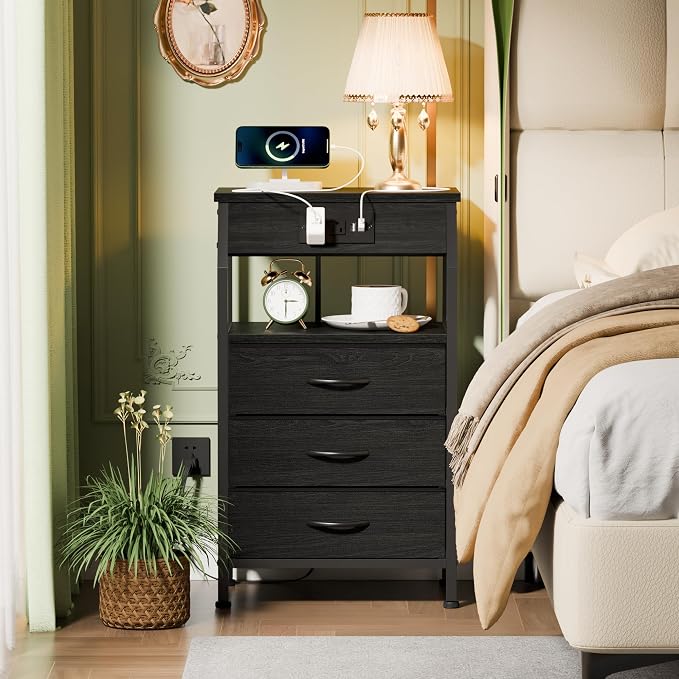 Furnulem Night Stand with Charging Station, 3 Drawers Bedside Table, Small - Image 2