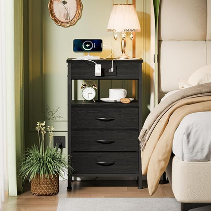 Furnulem Night Stand with Charging Station, 3 Drawers Bedside Table, Small - Image 2