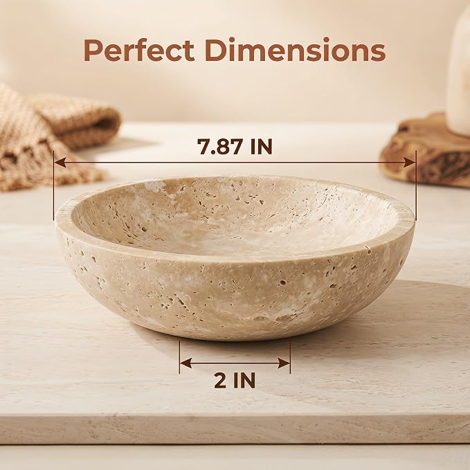 Large 7.87" Natural Travertine Stone Decorative Bowl, Coffee Table Centerpiece - Image 2