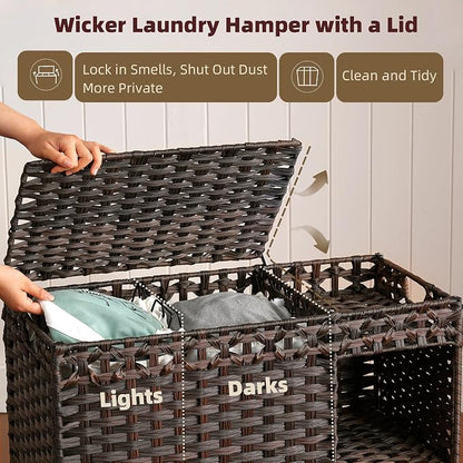 Laundry Hamper with Lid, 160L Rattan Wicker Laundry Basket with Wheels - Image 9