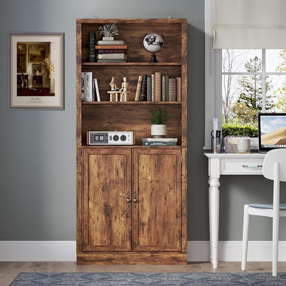 71.4" Tall Bookshelf with Cabinet, 5-Tier Floor Standing Bookcase with Doors & - Image 3