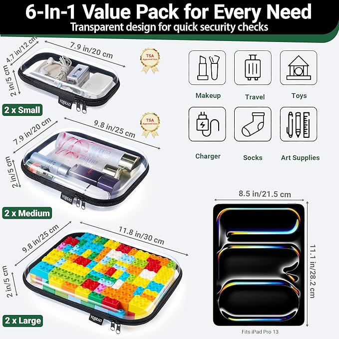 YQBRAO 6 Pack Sleek Black Clear Hard Shell Zipper Case, 1.2mm Heavy Duty Tech & - Image 4