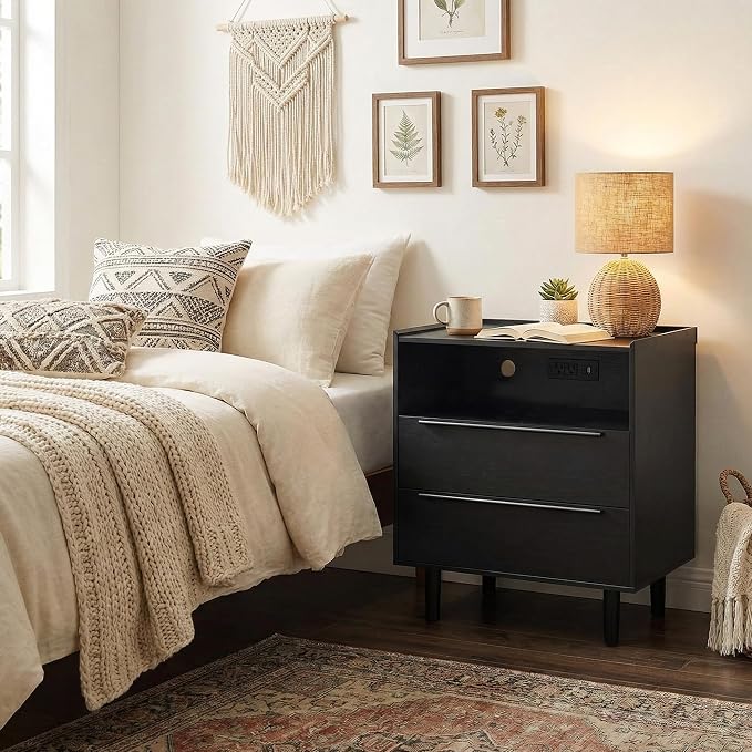 26" Tall Black Nightstand with Charging Station, 2 Drawer Contemporary Modern - Image 2