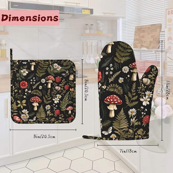 Mushroom Heat-Resistant Silicone Oven Mitts and Pot Holders, Herb Plant Berry - Image 2