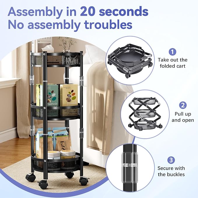 TOOLF 3 Tier Foldable Rolling Cart, Metal Utility Storage Cart, Lockable Wheels - Image 4