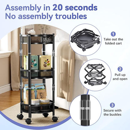 TOOLF 3 Tier Foldable Rolling Cart, Metal Utility Storage Cart, Lockable Wheels - Image 4
