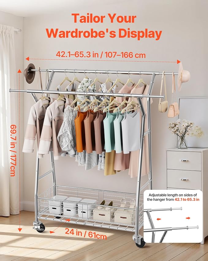 VEVOR Clothes Rack, Rolling Clothing Garment Rack, Extendable Carbon Steel - Image 3