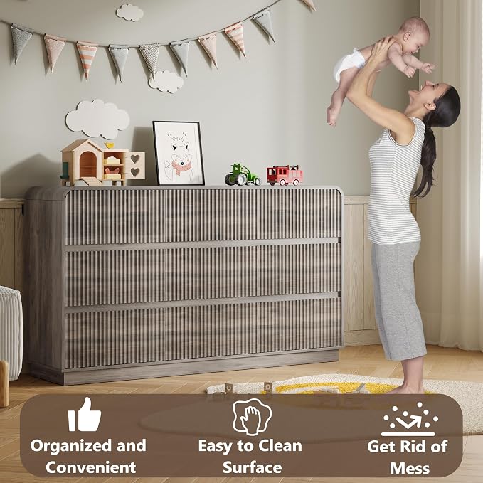 Dresser for Bedroom with 9 Drawers, Fluted Chest of Drawers with Round Curved - Image 5