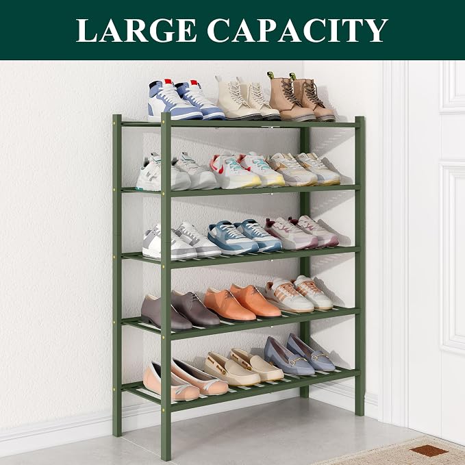 Smiry Bamboo Shoe Rack for Closet, 5 Tier Wooden Stackable Shoe Organizer - Image 4