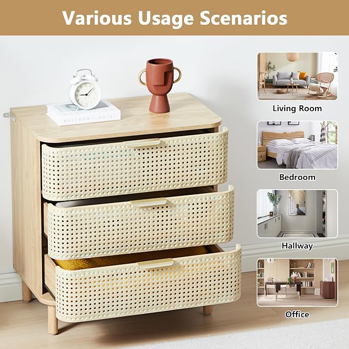 ORRD 3 Drawer Dresser Set of 2, Modern Iron Rattan Cabinet Dresser - Image 5