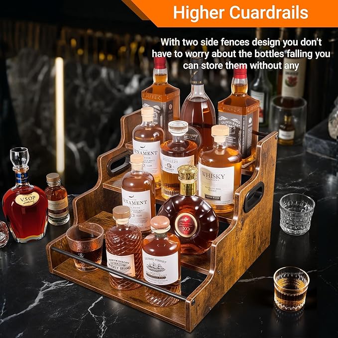 2 Pack 4-Tier Liquor Bottle Display Shelf, 16-Inch Wooden Bar Shelves - Image 9