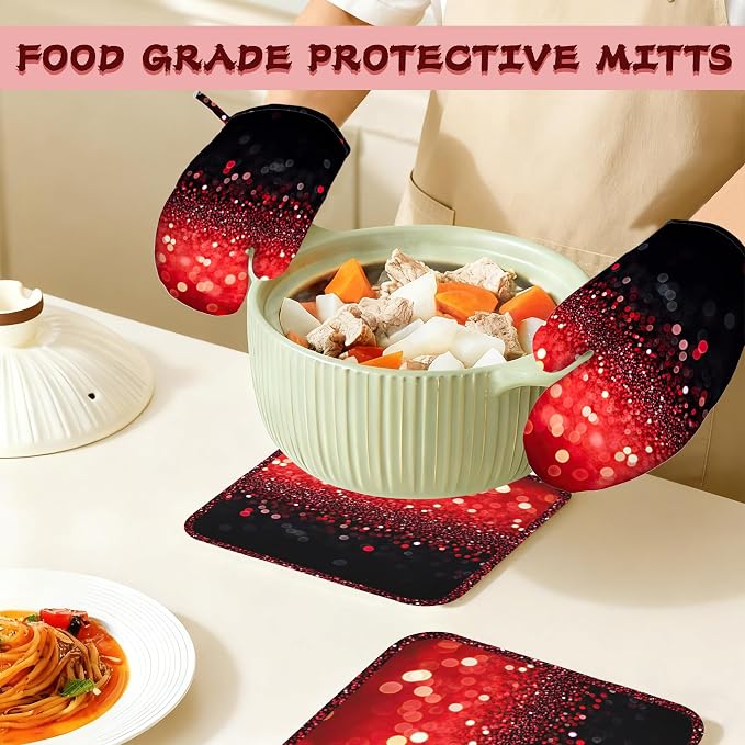 Red Gradient Sparkle Heat-Resistant Silicone Oven Mitts and Pot Holders - Image 7
