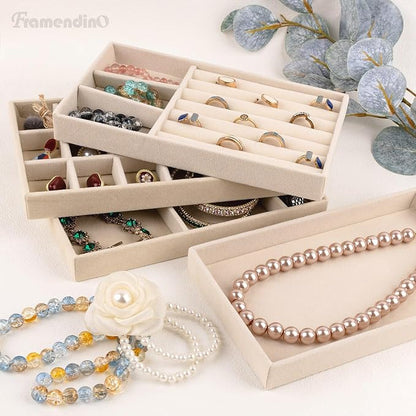 Framendino, 4 Pack Beige Velvet Jewelry Trays Stackable Organizer Drawer - Image 4