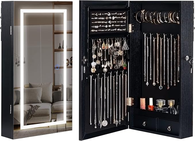 LAVIEVERT Jewelry Armoire with LED Lighted Mirror, Wall/Door Mounted Frameless by LAVIEVERT