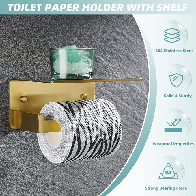 Toilet Paper Holder with Shelf Brushed Gold, APLusee SUS 304 Stainless Steel - Image 7