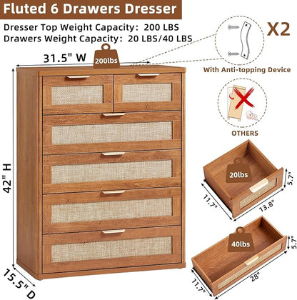 LEYAOYAO Rattan Dresser for Bedroom Set of 2, Modern 6 Drawers Boho Dressers - Image 2
