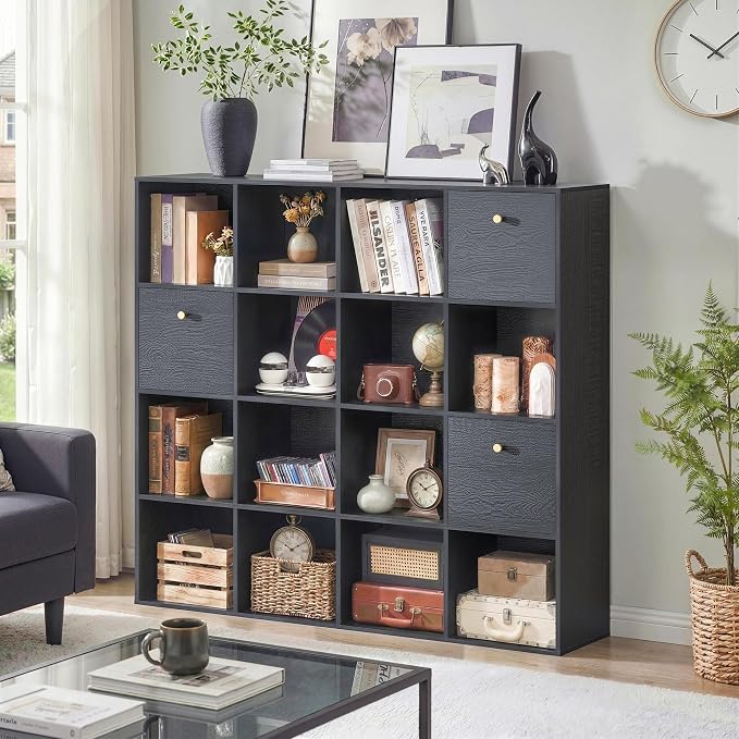 Black Cube Storage Organizer, 16 Open Cubes Bookshelf - Image 9