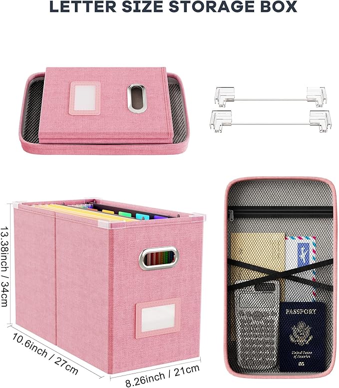 File Organizer Box with Lid, Hanging Filing File Box with Mesh Pocket, Document - Image 2
