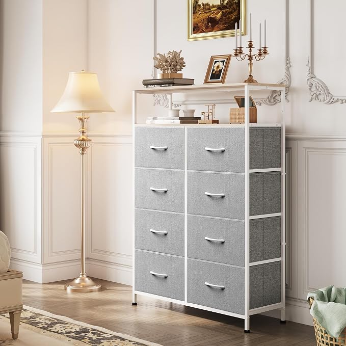 WLIVE 8 Drawer Fabric Dresser Open Shelves, Tall Bedroom Chest, Light Grey | - Image 2