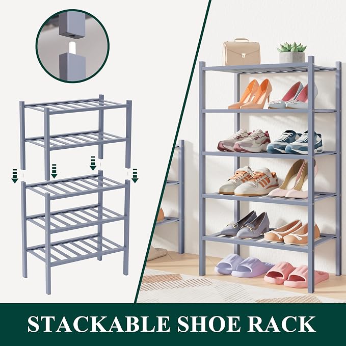 Smiry Bamboo Shoe Rack for Closet, 2 Tier Long Wooden Stackable Shoe Organizer - Image 5