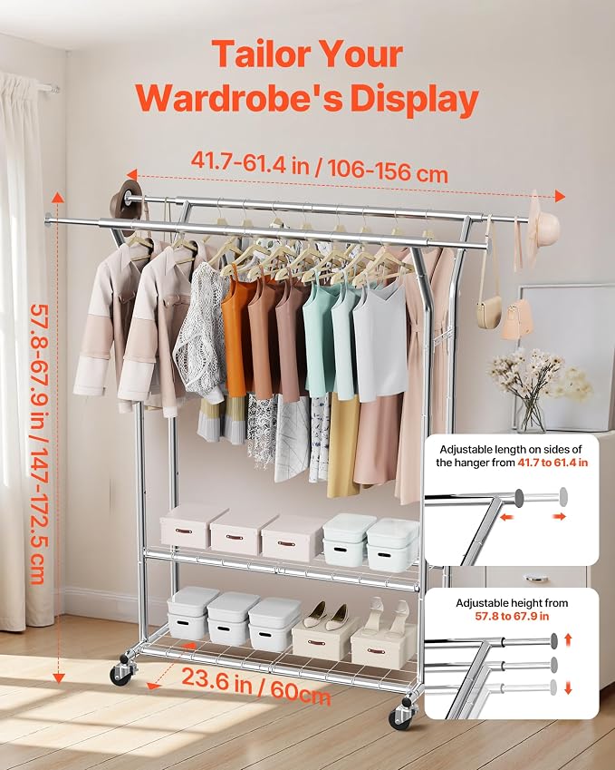 VEVOR Clothes Rack, Rolling Clothing Garment Rack, Extendable Carbon Steel - Image 3