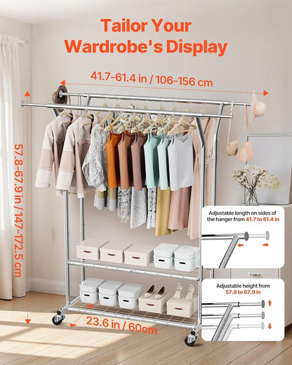 VEVOR Clothes Rack, Rolling Clothing Garment Rack, Extendable Carbon Steel - Image 3