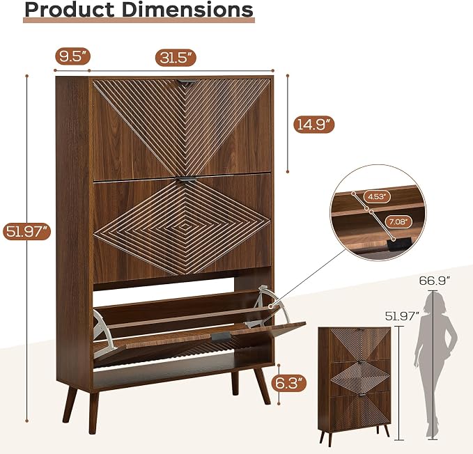 oakvivo Shoe Cabinet with 3 Flip Drawers, 31.5'' W Freestanding Narrow Shoe - Image 2