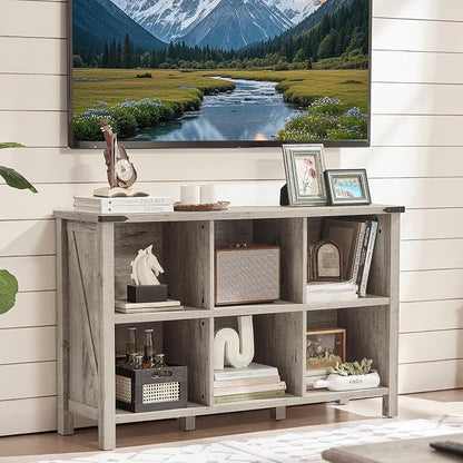 Farmhouse 6 Cube Bookshelf, Rustic Grey Oak Wooden Storage Organizer Book Shelf - Image 5