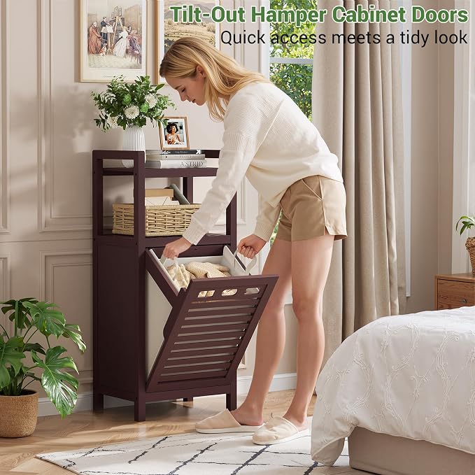 Homykic Tilt Out Laundry Hamper Cabinet, 10 Gal Bamboo Laundry Cabinet - Image 3