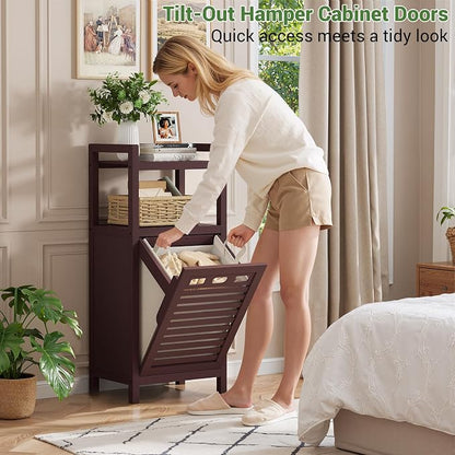 Homykic Tilt Out Laundry Hamper Cabinet, 10 Gal Bamboo Laundry Cabinet - Image 3