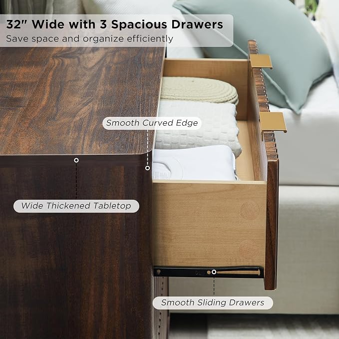 T4TREAM Fluted 3 Drawers Nightstand, Oversized Extra Large Modern Side Table - Image 5