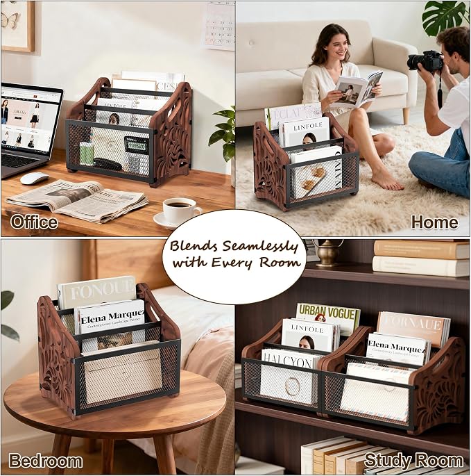 Wood Magazine Holder, 3-Compartment Magazine Rack Floor | Magazines File Holder - Image 3
