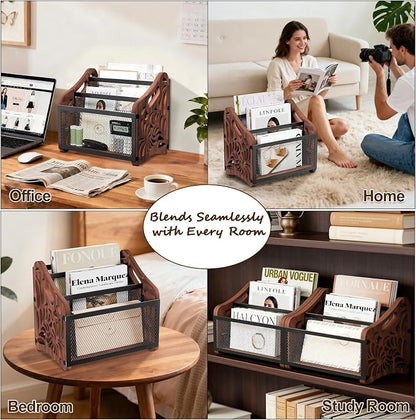 Wood Magazine Holder, 3-Compartment Magazine Rack Floor | Magazines File Holder - Image 3